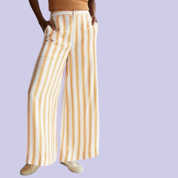 Maeve Pants - MAEVE Sunshine Wide Leg Satin Striped Pants Yellow White NEW Anthropologie 8 NWT